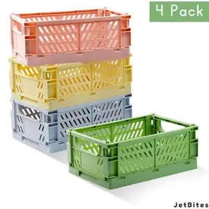 4 Pack Medium Size Pastel Crates for Storage-Medium Size, Plastic Folding Basket, Colorful Small Storage Containers for Bedroom, Office, Bathroom, Desktop Drawer Organizer, Shelf Baskets, Foldable Basket, Foldable Containers laundry  basket