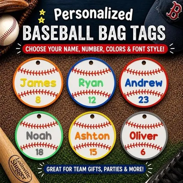 Personalized Baseball Bag Tag w/ Clip & Ring | Custom Name Keychain | Team Gift, Bat Bag Tag