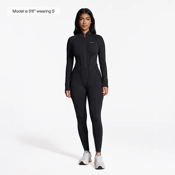 BetterMe Women's Long Sleeve Zip-Front Open-Back Catsuit, Full-Length Compression Jumpsuit for Workout Yoga Gym Activewear