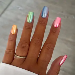 Square Candy Color Rainbow Gradient False Nail Stickers, High Saturation Macaron Colors, Simple Sweet Cool Design, Wearable Nails