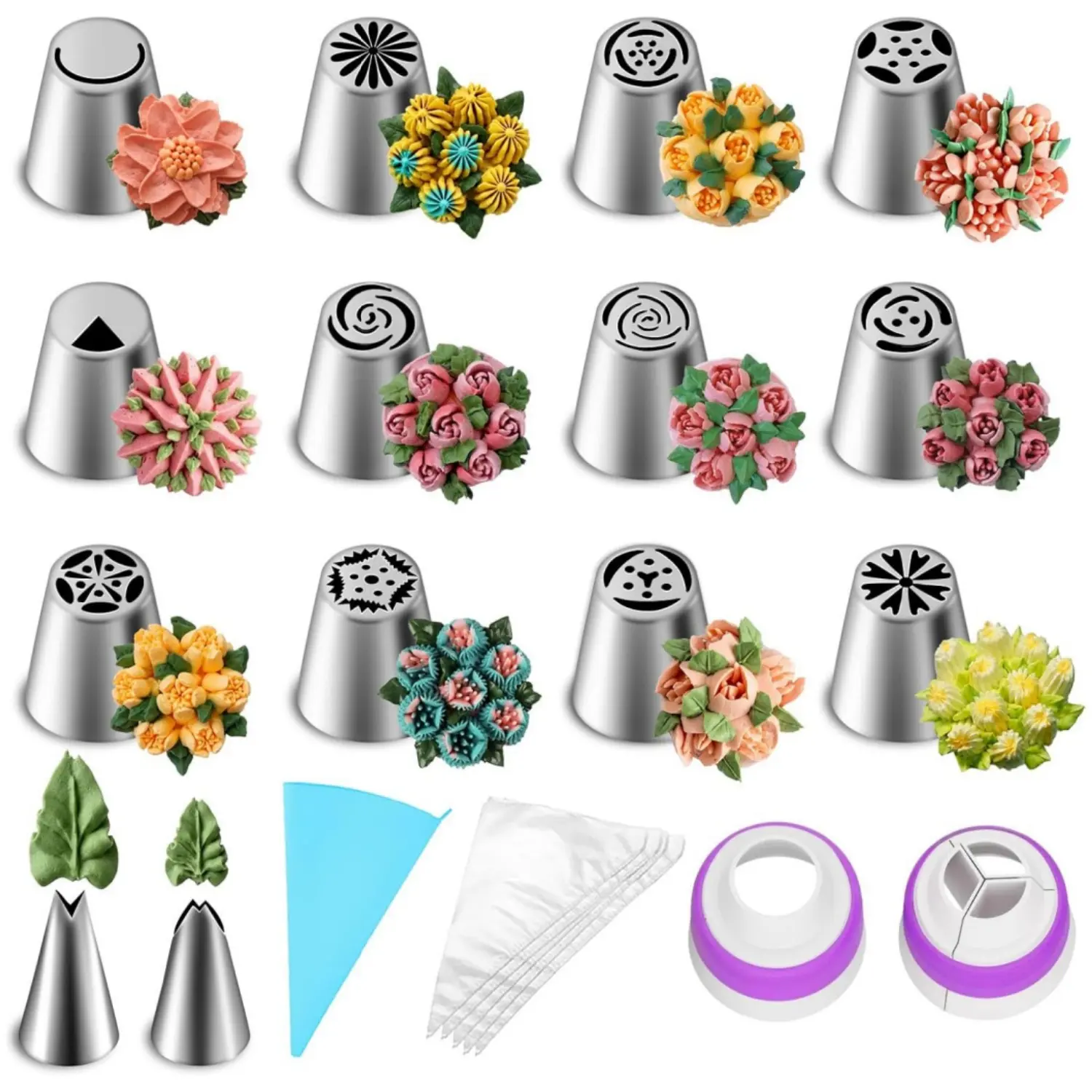 27Pcs Russian Piping Tips Set, 12 Flower Frosting Nozzles Icing Tips for Cake Decorating Tips Kit,  2 Leaf Piping Tips 2 Couplers 10 Disposal Baking Pastry Bags & 1 TPU Pastry Bags - Home Improvement.