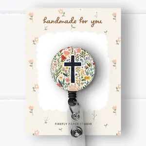 Cross & Flowers Badge Reel, Retractable Badge Reel w/ Alligator Swivel Clip
