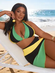 Women's Plus Size Colorblock Halter Tie Triangle Bikini Set with Cover-Up, Sexy Split Bikini, Beach Pool Wear, Three-Piece Set, Colorblock Bikinis Set, Swimwear Set