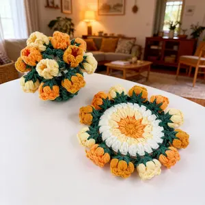 Valentine's Day Surprise Gift, Bellflower Hand-Knitted Coaster, Rose Coffee Cup Mat, Heat Resistant Pad, Creative Knit Coaster, Round Coaster, Home Decor