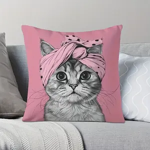 1-piece, pink headscarf cat decorative pillowcase with all-side printing, made of polyester, suitable for bedroom, living room, sofa or car decoration, Bedroom Decorative Accessories