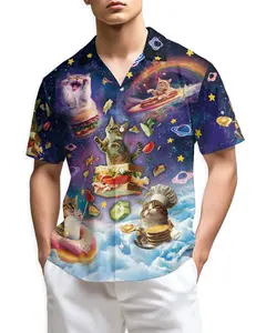 Cosmic Cat Food Adventure for Men Women, Button Down Summer Beach Short Sleeve, Sizes S-5XL