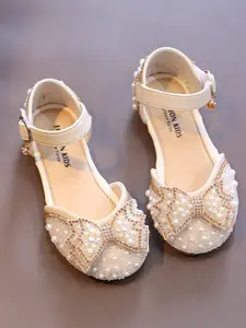 Girls' Summer Pearl Rhinestone Princess Shoes, Breathable Flat Shoes, Party Shoes, Sweet Bowknot Design, Breathable Inner Lining, Anti-Slip Rubber Sole, 3-12 Years