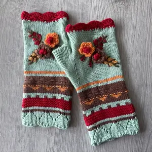 Autumn and Winter Women's Fingerless Floral Warm Hand Crochet Gloves Pair