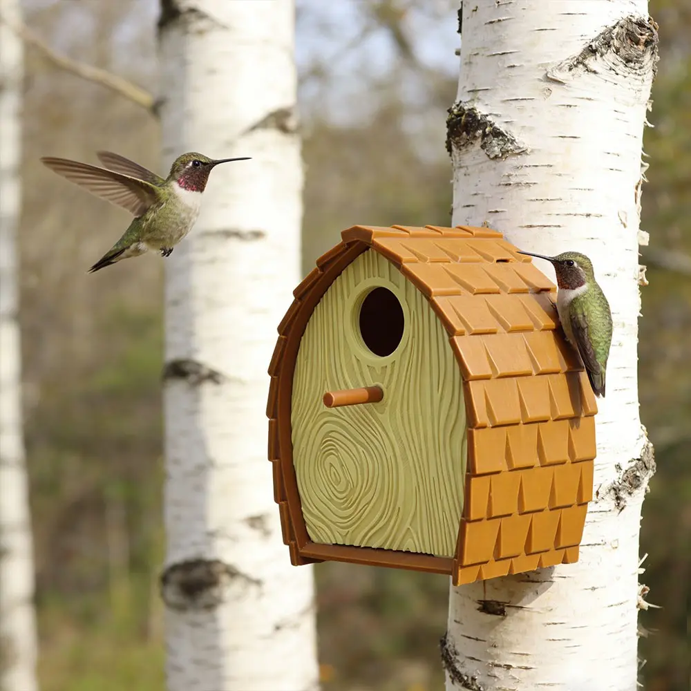 Outdoor Bird House with Pole, Plastic Garden Decor, Hanging Decoration for Swallows Sparrows Hummingbirds, Durable Design for Finches Canaries, Birdhouse Hanging