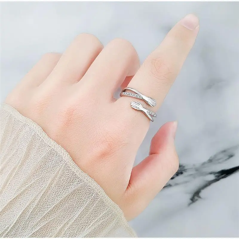 Give Me A Hug Hand Open Ring Sterling Silver CZ Lover Gift Box Adjustable XJ37