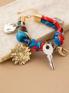 Bohemian Style Multicolor Rope Braided Bracelet, Floral Key Crab Clasp, Irregular Oval Fashion Creative Wristband, Unique Jewelry Accessory