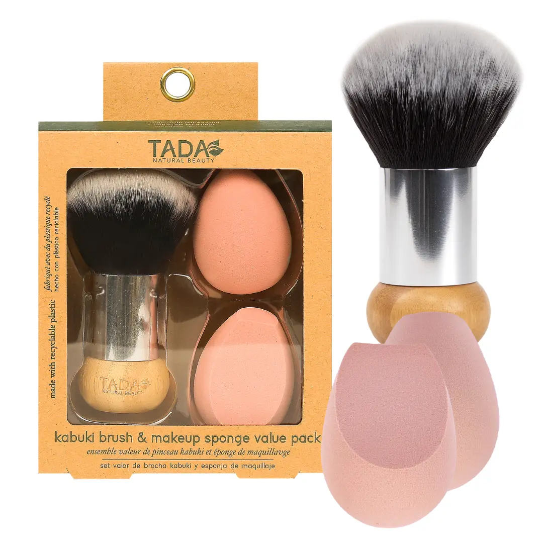 TADA Natural Beauty 3-Piece Compact Kabuki Brush & Makeup Sponge Value Pack - For Oily, Combination Skin Types, Beginners' Liquid, Cream & Powder Makeup Tools, Pink, Blend, Cosmetic
