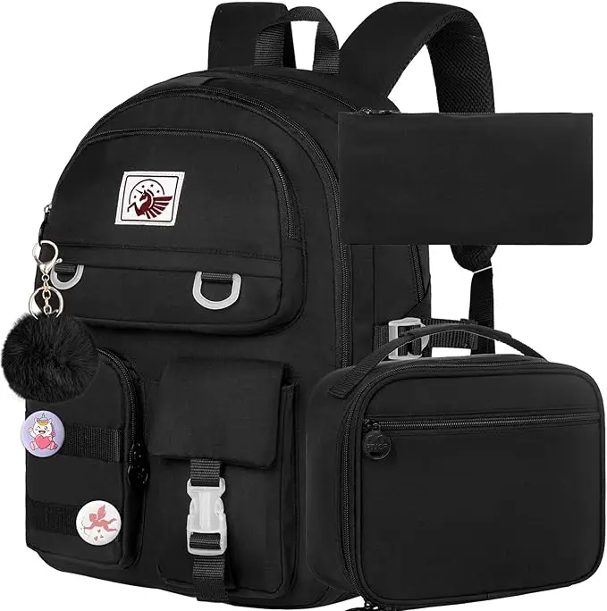 3PCS Backpacks for Girls, 16 inch Elementary School Laptop Bag College Bookbag, Anti Theft Daypack Set for Teens Students Women - Black