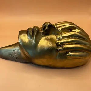 Mindful Woman Face Sculpture in Cement with Golden Finish, Art Gift Unique piece