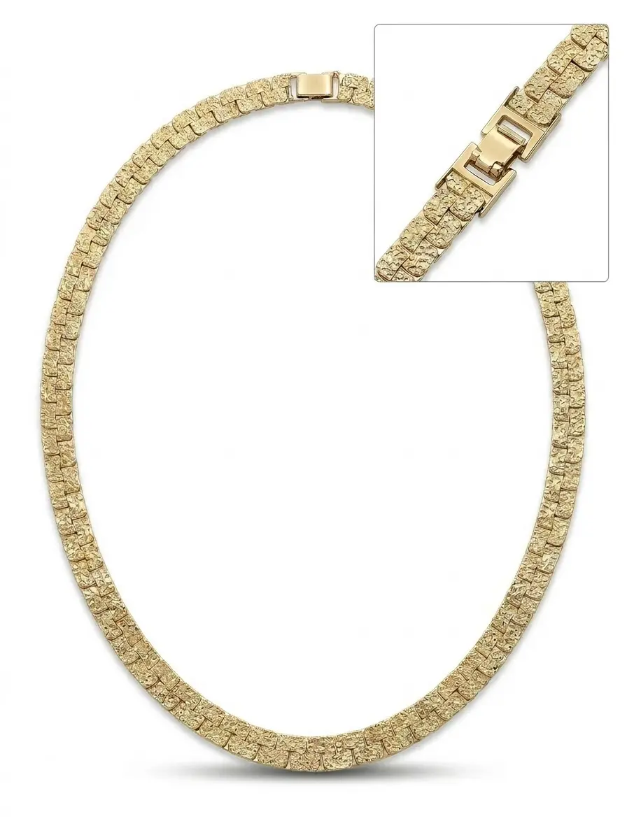 14k Heavy Plated Gold Nugget Chain Necklace: 7mm Flat Necklace, Unisex