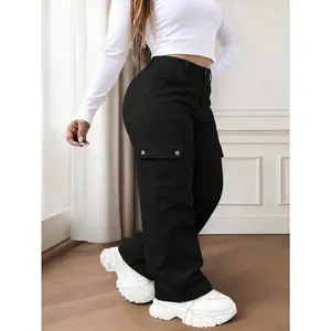Women's Black High Waisted Cargo Pants, Straight Leg Utility Pants with Pockets for Casual Commute Outfits
