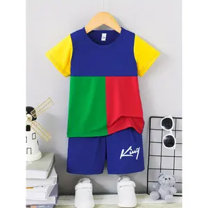 Boys SummerCasualSuit Color Block Letter Printing T-Shirt and Shorts, Breathable Polyester, Machine Washable, Suitable for Outdoor Activities