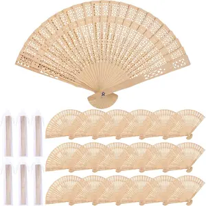 24 Pack Sandalwood Folding Fans Bulk, 7.9 Inches Wooden Handheld Fans with Organza Bags, Wedding Fans for Bridal Shower, Party Favors, Events & Gifts