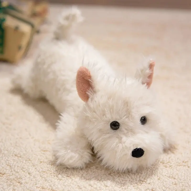 42cm Kawaii Fluffy Hair West Highland Dog White Terrier Plushie Lifelike Animal Appease Doll Pillow