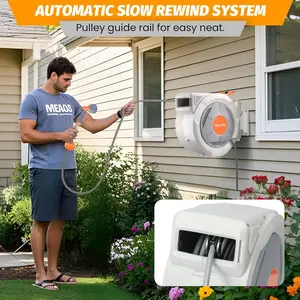 Retractable Garden Hose Reel, 5/8 In x 100/5/8 In x 130 Ft /1/2 In x 130 Ft With 9 Function Sprayer Nozzle, Any Length Lock, Automatic Rewind and Slow Return System, Wall Mounted and 180 Deg Swivel Bracket