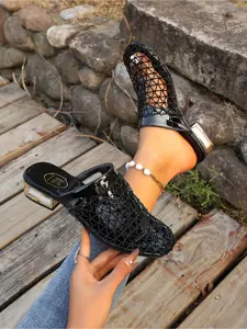 Vintage Hollow Mesh Mules| Black Patent Leather Woven Block Heel Slide Sandals for Women, Slimming & Versatile Date/Commute Shoes