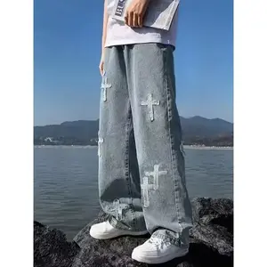 men Men's Loose-Fit Straight-Leg Jeans with Cross Design - Casual Denim Pants, Machine Washable, All-Season Wear, Blend Streetwear Menswear