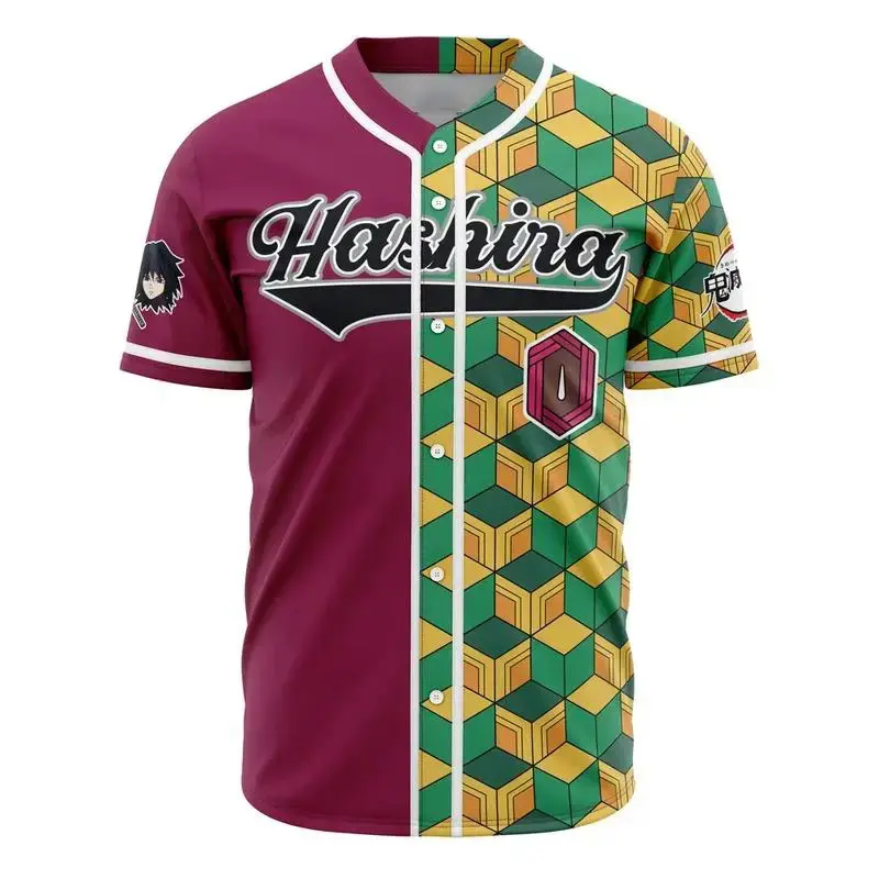 Demon Slayer Giyu Tomioka Anime Baseball Jersey Split Pattern Cosplay Button Up Shirt Premium Breathable Mesh Fabric Perfect Streetwear Gift for Otaku Fans
