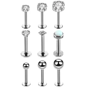 OIDEA 16G 316L Stainless Steel Lip Cartilage Stud Earring Set, 9PCS Silver Dainty Piercing Jewelry with Cubic Zirconia, Rhinestone, Imitation Opal
