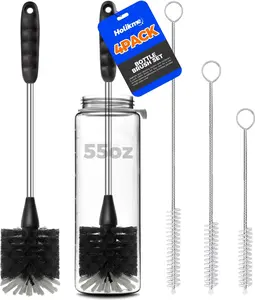 Holikme Bottle Brush Cleaner Set – 14" Long Handle Stainless Steel Brush with 3 Straw Cleaners, Black