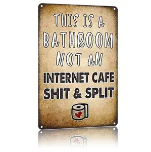 Vintage Humor Bathroom Tin Sign | 8"x12" "Shit & Split" Toilet Joke Wall Art  "Bathroom Rules" Office Restroom & Garage Decor