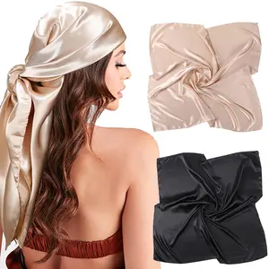 AWAYTR 2Pcs/Set 35” Large Square Head Scarf Silk Feeling Solid Color/Printing Head Scarves Square Silky Hair Scarf Kerchief Bandanas for Women