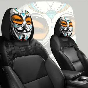 2pcs Skeleton Sugar Art Mask Printed Car Head Pillowcase, Interior Decoration,  Fit, Easy to Install and Machine Washable Protective Cover, Suitable for Long Distance Self Driving Travel, Car Seat Enhancement Durable