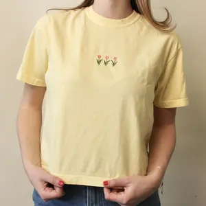 Tulip Embroidered Cropped Boxy Tee for Spring | Cute Women's Top with Flowers for Summer