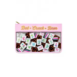 Pink Embroidered Dot Crack Bam Mahjong Tiles Clear Zipper Pouch Bag