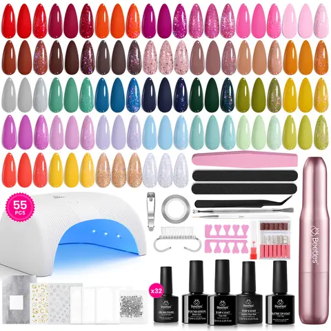 Beetles 55-Pcs Glamorous Lulicore Polka Gel Polish Kit for Adults - 32 Colors, Cordless Drill, Base, Matte & Glossy Top Coats, Soak-Off UV Light, Cuticle Tools, Home Salon DIY, Nail Tech Supplies, Selfcare Gifts