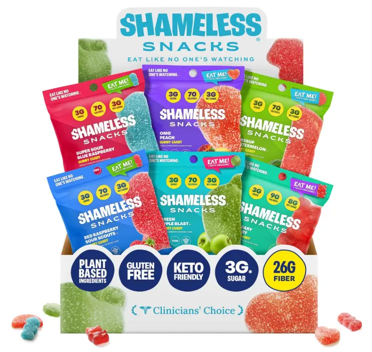 Shameless Snacks Sour Candy & Fruit Snacks - Gummy Candy Variety Pack, Keto Snacks, Sour Gummy Worms & Gummy Bears in Bulk, 3g Sugar Gluten Free Vegan for Kids & Adults