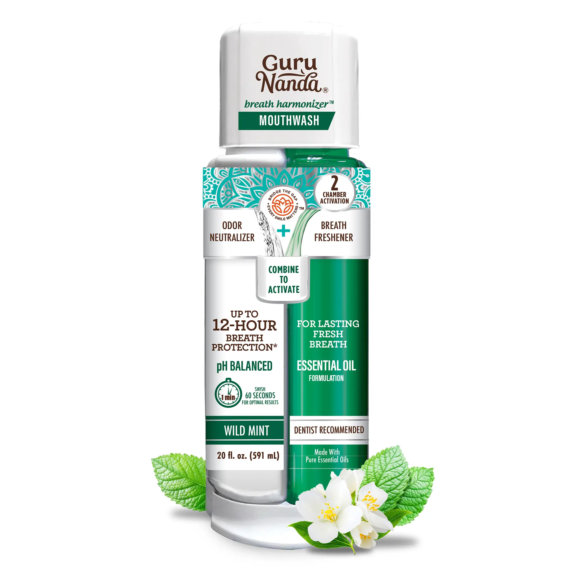 GuruNanda Dual Barrel Breath Harmonizer Mouthwash- Wild Mint - 20 oz Oral Daily Gentle Tea Tree