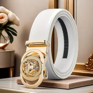 1pc Men’s White Automatic Buckle Belt with Gold-Tone Lion Head Buckle & Cut-Out Detailing – Adjustable Detachable Business Casual Wedding Belt for Men, Gift for Husband/Father (Valentine’s Day, Father’s Day)