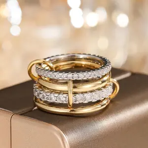 Two Tone Stacked Cubic Zirconia Eternity Ring, High Quality Interlocking  Statement Ring for Women, Unique Niche Design Wedding Promise Anniversary Band, Daily Casual Party Jewelry Gift for Her