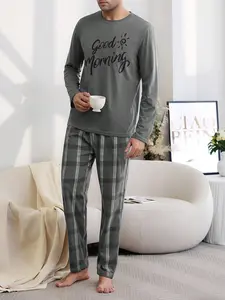 Men's Round Neck Button-Up Shirt & Plaid Print Pants Sleepwear Set Loungewear, Comfortable Men's Pajamas, Fashion Home Casual Wear