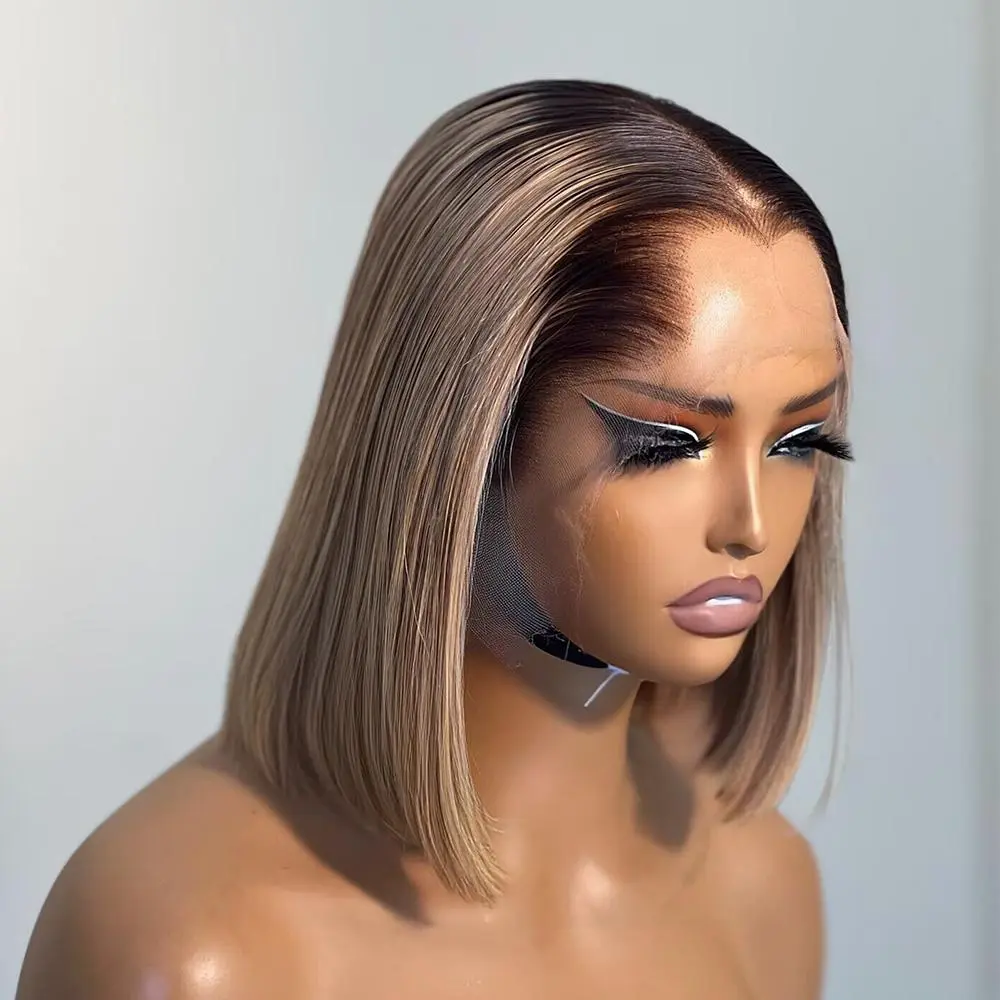 Ash Blonde With Brown Root Grey Straight Bob Wig Lace Frontal Wig Human Hair 13x4 Transparent Lace Pre Plucked With Baby Hair 180% Density Dark Roots Can Be Restyled For Women