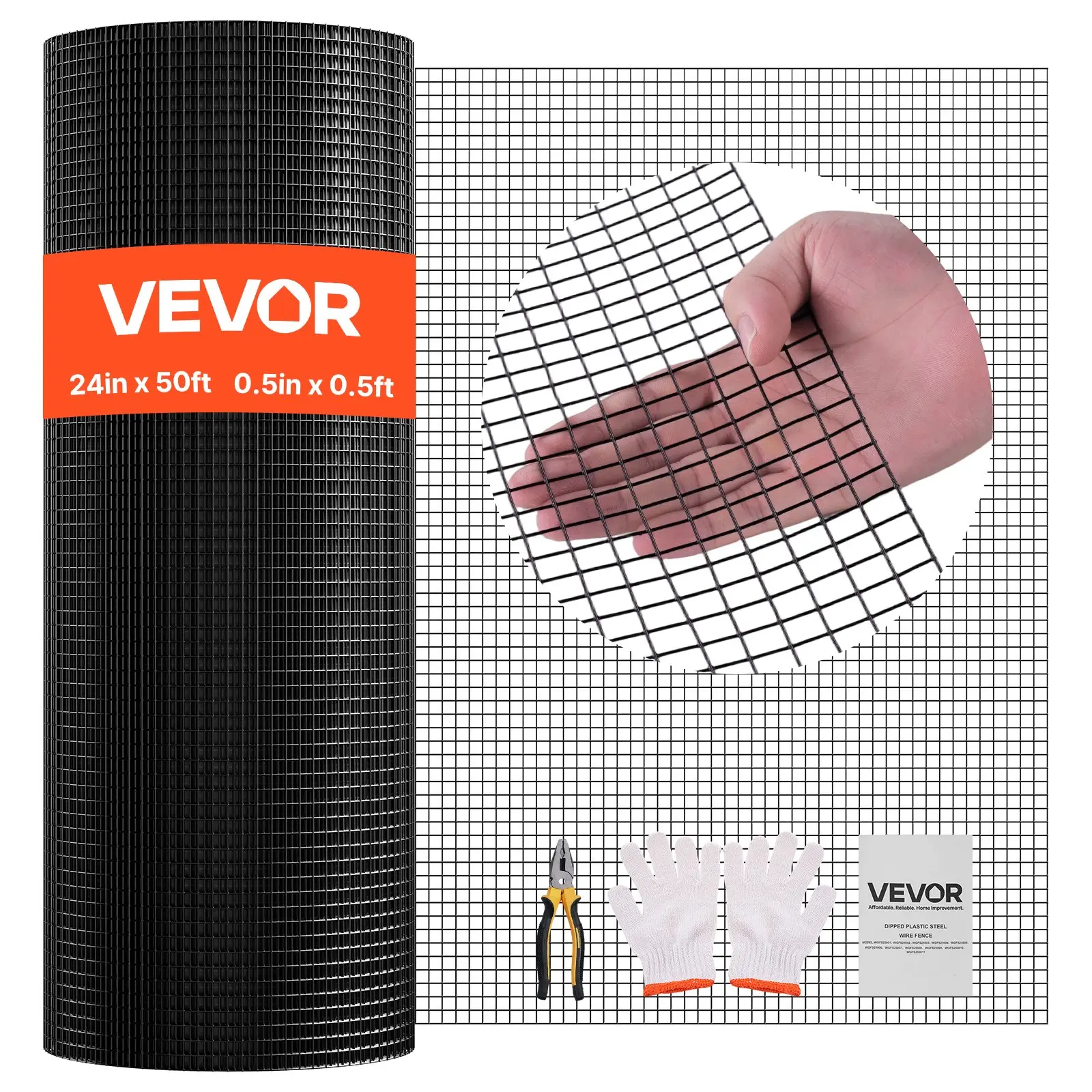 【Summerfinds】VEVOR 19 Gauge Galvanized Wire Mesh Roll, 24 in x 50 ft 0.5 in x 0.5 in Vinyl Double Coated Hardware Cloth, 12.1 lbs Heavy-Duty Weather-Resistant Welded Fence with Cut-Resistant Gloves for Rabbit Cages, Gardens, Water Resistant, Minimizes