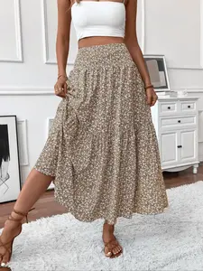 Women's Ditsy Floral Print Ruffled Skirt, Boho Casual Fit A Line Maxi Long Skirt for Beach Holiday Vacation, Ladies Summer Clothes, Womenswear