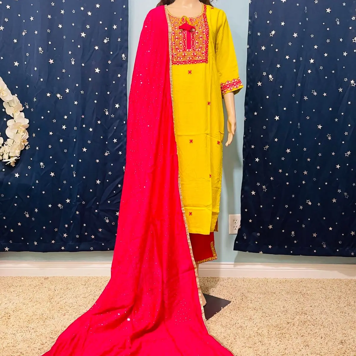 3 piece traditional cotton suit with silk duppatta