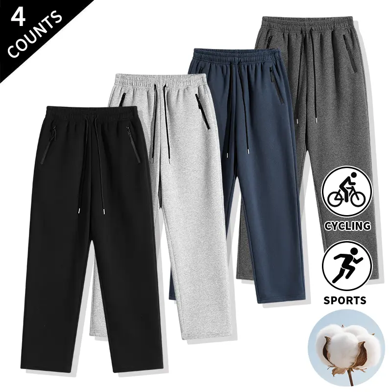 Men’s 4-Pack Lightweight Drawstring Straight-Leg Athleisure Bottoms, Breathable Casual Sports Sweatpants with Secure Zippered Pockets, Straight Leg Athletic Workout Track Pants for Athletic Clothing & Sporty Chic Lounging