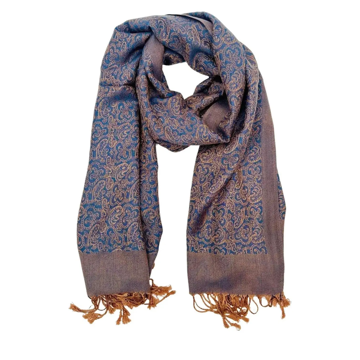 Stunning Blue and Gold Paisley Pashmina Scarf - Cashmere Material with Fringed Ends for All Seasons Elegant Design Versatile Use