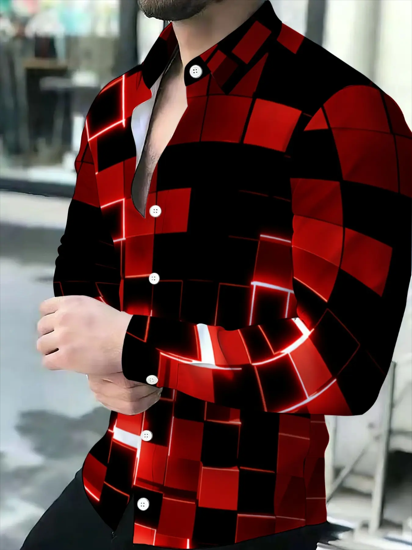 Men's Long Sleeve Casual Outings Shirt Novelty Pattern with Red and Black Glowing Geometric Cubes Menswear