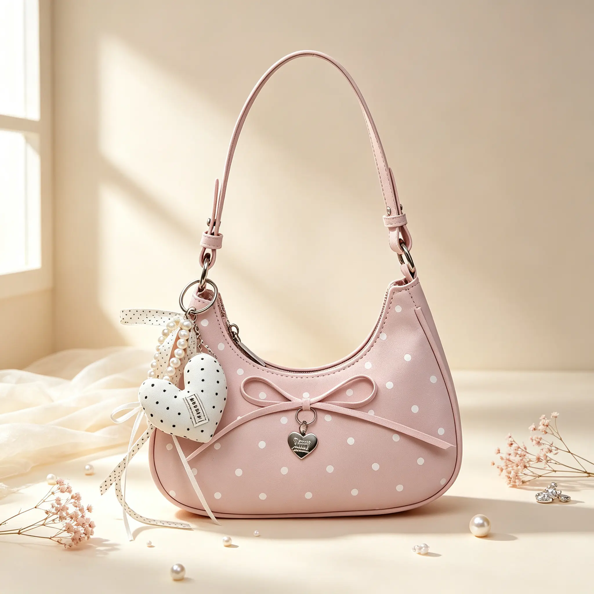Y2K Polka Dot Bow Underarm Bag, Women’s Vintage Minimalist Leather Shoulder Bag with Pearl Ribbon Charm, Sweet Casual Korean-Style Cute Leather Handbag, Versatile Fashion Purse