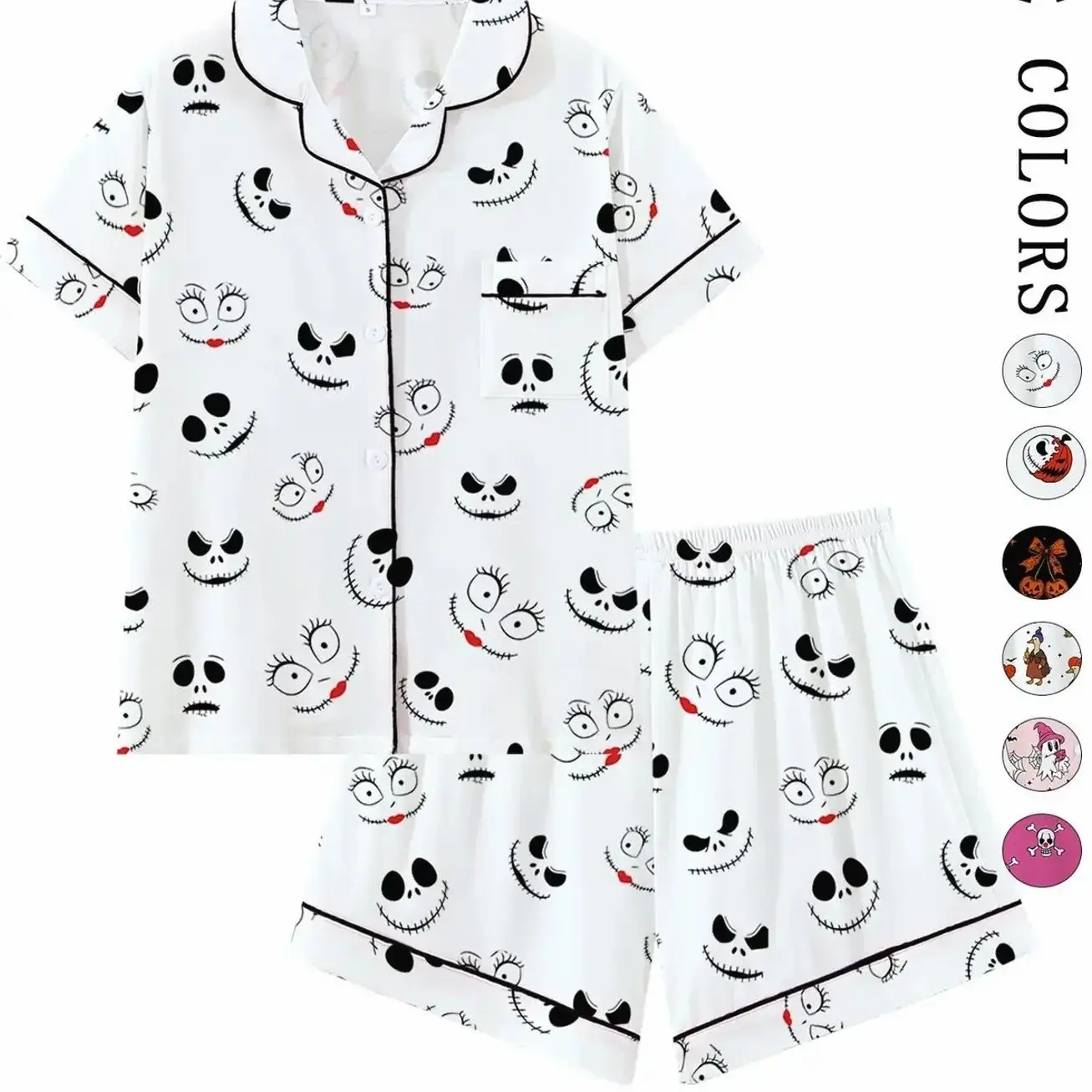 Creepy Cute Skeleton Pattern Short Sleeve Pajama Set, Spooky Stitched Face Graphic Sleepwear with Black Piping, Goth Style Summer Lounge Set, Fun 2-Piece PJs
