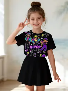 Girls' 3D Cartoon Print Top and Skirt Set, Casual Slim-Fitting Summer, Round Neck Short Sleeve, Daily Wear